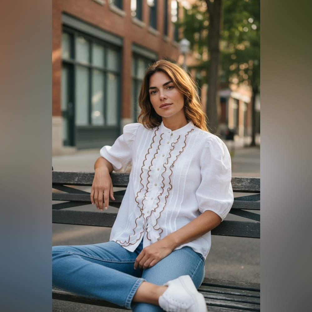Zimmermann White Linen Blouse with Brown Detailing